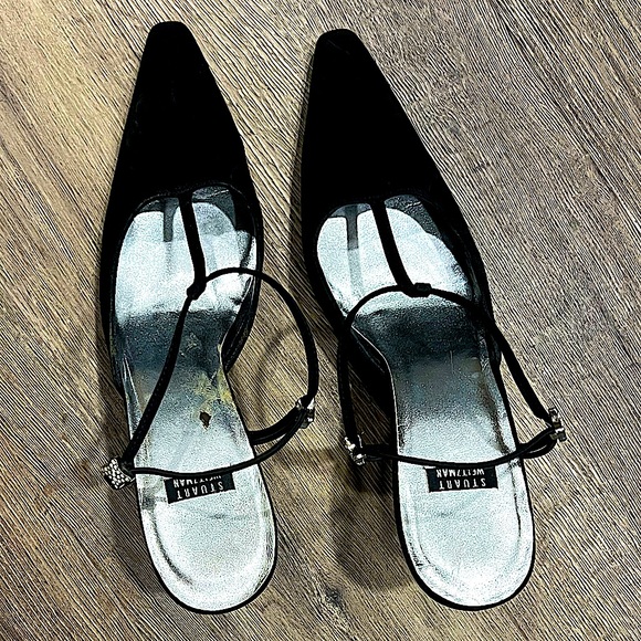 Stuart Weitzman Women’s Black Heels with Jeweled Accent Straps - Picture 2 of 10